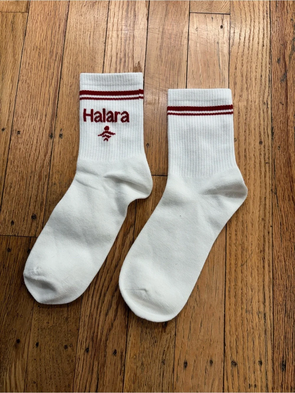 HALARA White Crew Socks with Red Logo and Stripe